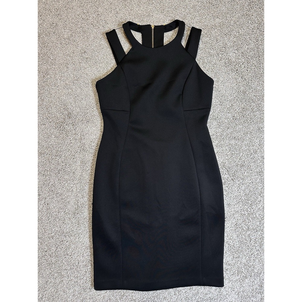 Calvin Klein Black Sheath‎ Dress Cutout Neck Gold Zip Back Stretch Size 12